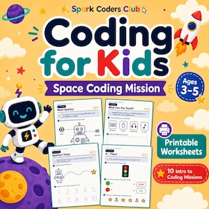 May include: A yellow educational activity set titled Spark Coders Club Coding for Kids Space Coding Mission. It features a white robot, a rocket, and four printable worksheets with exercises for ages 3-5, including tracing and logic tasks.