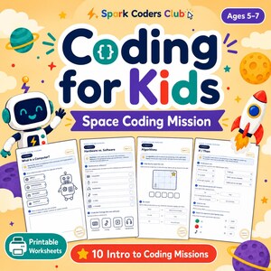 May include: A Spark Coders Club educational set titled Coding for Kids Space Coding Mission for ages 5-7. It features a white robot, a rocket, planets, and four printable worksheets covering computer basics, hardware, software, algorithms, and logic.