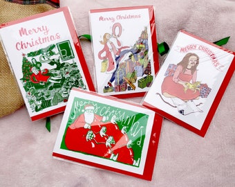 Set of 4 Christmas cards, scrooge and funny cards