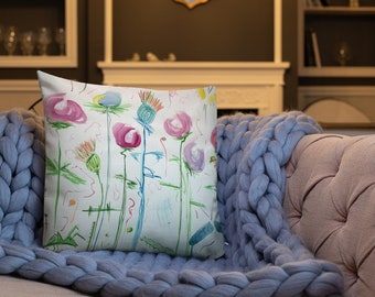 Busy Garden | Watercolor Flowers, Butterflies, Leaf Cutter and Nature | Premium Pillow