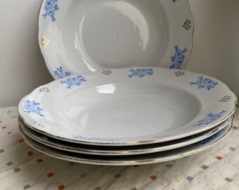 4 soup plates lime porcelain 1954-58 blue white GDR vintage porcelain