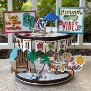 Beach tier tray, summer, toes in the water, summer tier tray decor, summer, sunglasses, beach chair, beach, beach vibes