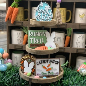 Bunny trail tier tray set, easter tier tray, easter bunny, rabbit, tier tray decor, mini signs, wood signs, 3d mini sign, Rae Dunn decor