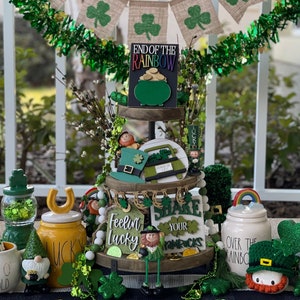 St Patrick’s day tier tray decor, st Patricks day, pot of gold, truck of shamrocks, feeling lucky, st pattys day