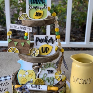 Lemonade tier tray set, lemon decor, lemonade, tier tray set, mini wood signs, Rae Dunn decor, fresh squeezed, lemon, summer tier tray decor