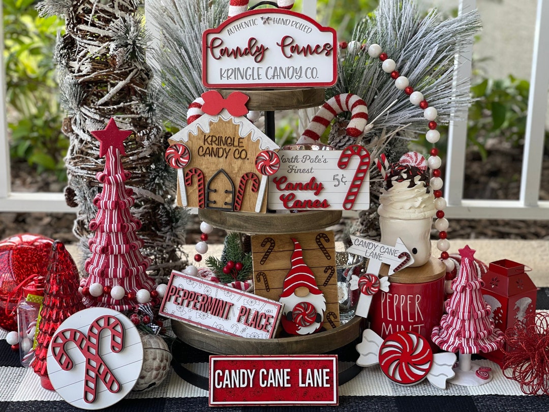 17-Inch Metal Two Tiered Red & White Candy Cane Christmas Serving Tray -  One Holiday Way