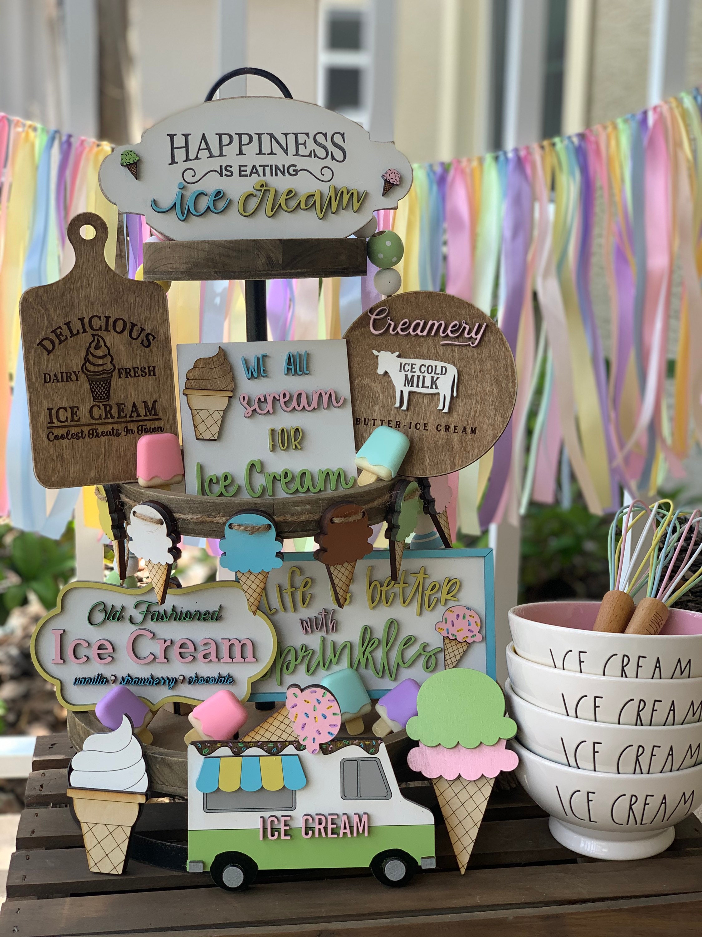 Ice Cream signs, ice cream tier tray, Summer decor, Tiered tray decor…