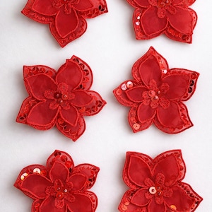 Red Sequin Cherry Blossom Flower Appliqués – 3" Embroidered Floral Patches – Sewing Crafts Costumes