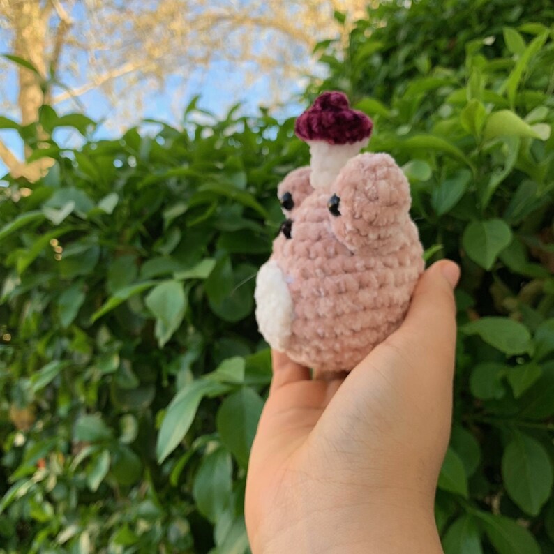 May include: A pink crocheted plush toy shaped like a mushroom with a white face and black eyes. The mushroom has a purple cap.