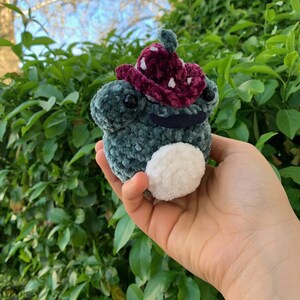 May include: A crocheted frog plush toy wearing a burgundy mushroom hat with white polka dots. The frog is green and has white fur on its belly.