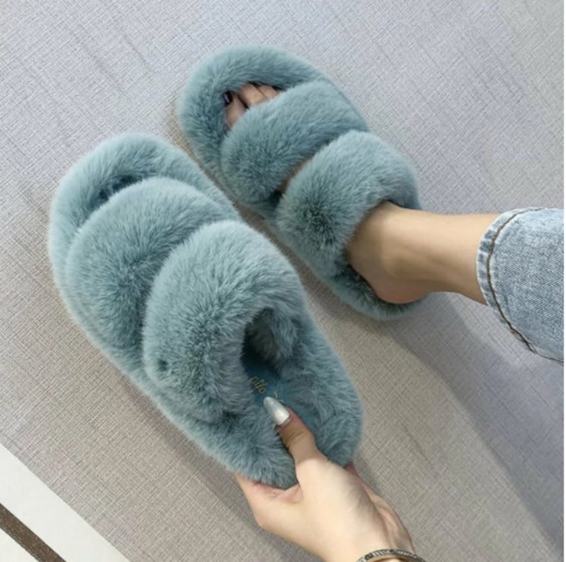 Faux Fur Slippers Home Slippers Women Cozy Furry Slides Open | Etsy