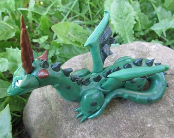 Polymer Clay Green Dragon Figure, Handmade Green Dragon Sculpture, Fantasy Figurine