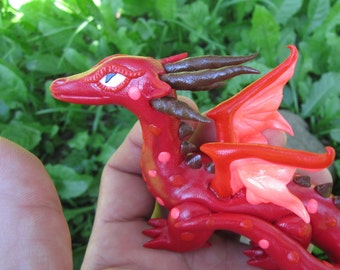 Polymer Clay Red Dragon Figure, Handmade Red Dragon Sculpture, Fantasy Figurine
