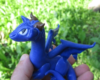 Handmade Polymer Clay Blue Dragon Figure, Blue Dragon Sculpture, Fantasy Figurine