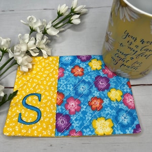 Embroidered Monogram Mug Rug: Teal Floral Fabric Coaster