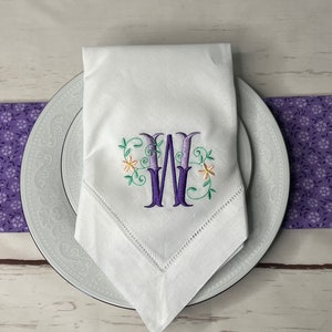 Spring Custom Embroidered Classic Hemstitch Dinner Napkins, Monogrammed Napkins, Embroidered Wedding Napkins, Personalized Napkins
