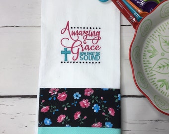Amazing Grace Tea Towel, Hymn Tea Towel, Embroidered Kitchen Towel, Scripture Tea Towel, Mother's Day Gift, Wedding Gift, Housewarming Gift