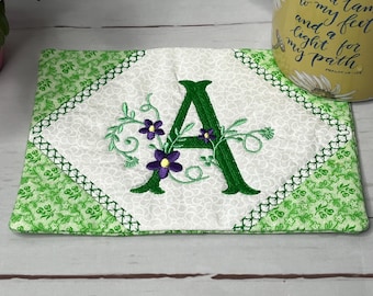 Monogrammed Mug Rug: Embroidered Floral Fabric Coaster