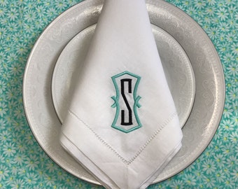 Embroidered Monogram Linen Dinner Napkin: Classic Hemstitch Wedding Decor