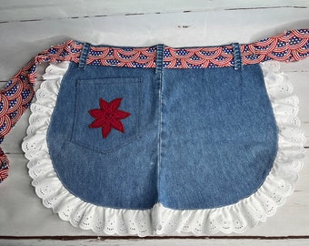 Women's Half-Apron, Denim Apron from Upcycled Jeans, Apron with Pocket, Denim Waitress Apron, Ruffled Country Apron, Shabby Chic