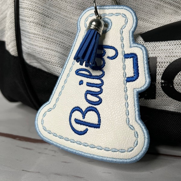 Personalized Cheer Megaphone Bag Tag: Embroidered Name, School Gift