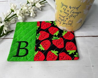 Embroidered Strawberry Mug Rug, Personalized Monogram, Office Decor