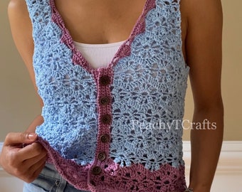 CROCHET PATTERN - Ferris Wheel Top Crochet Pattern, Downloadable PDF Pattern, Lacy Buttoned Tank Top Crochet Tutorial