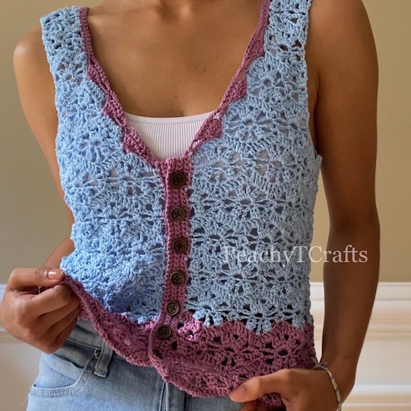 CROCHET PATTERN - Ferris Wheel Top Crochet Pattern, Downloadable PDF Pattern, Lacy Buttoned Tank Top Crochet Tutorial