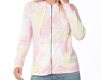 Pink Yellow Tie Dye Zip Up Hoodie: Lightweight Slub Knit