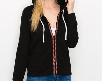 Lightweight Full Zip Embroidered Trim Hoodie | jackets for women, lightweight layer, handmade jacket, slub-knit