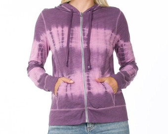 Handmade Purple Tie Dye Zip Up Hoodie: Lightweight Slub Knit