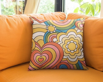 Retro Swirl Heart Pillow, Boho Hippie Pillow Cover, Rainbow Pillow, Vintage Pillow Boho Home Decor, Living Room, Bedroom, Retro Pillow Case