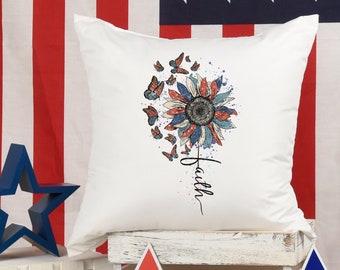 Patriotic Pillow, Americana Sunflower Pillow Cover, Patriotic Cover, Memorial Day, Fourth of July, Faith Hope Love, Patriotic Butterflies