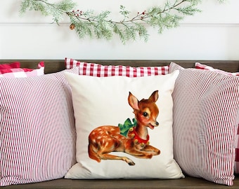 Vintage Inspired Christmas Fawn Deer Throw Pillow Retro Holiday Cottage Decor Cute Doe