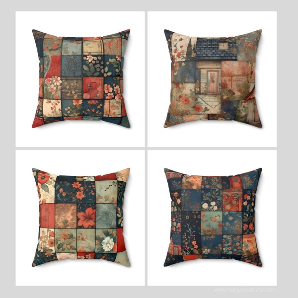 Cozy Patchwork Pillow Cover |  Country Quilt Cushion | Farmhouse Floral Home Decor | Decorative Throw Pillowtop | Patchwork Style Pillow