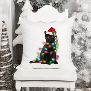 Christmas Winter Black Cat with Christmas Lights Pillow, Cat Lover Pillow, Holiday Pillow, Winter Decor Pillow, Holiday Decor, Cat Lover image 1