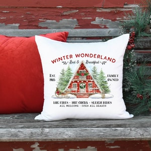 Winter Wonderland Weihnachtshütte Bett und Frühstück Bauernhaus Urlaubskissen, Heißer Kakao Chalet Kissenbezug, Schlittenfahrten, Urlaub Dekor