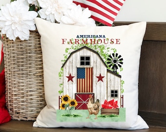 Farmhouse Patriotic Throw Pillow Cover Americana Barn Flag Chicken Decor