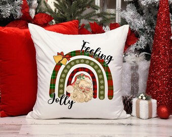 Santa Claus Christmas Feeling Jolly Pillow, Xmas Festive Home Decor, Boho Santa Pillow, Xmas Pillow Cover, Farmhouse, Holiday Rainbow Santa