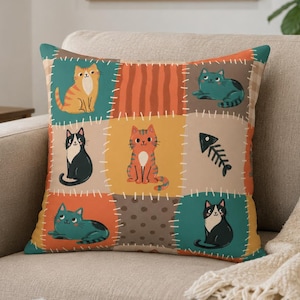 Cute Cat Patchwork Throw Pillow Cat Lover Gift Whimsical Feline Home Decor