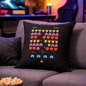 Retro Arcade Gaming Throw Pillow Pixel Alien 8 Bit Video Game Room Decor