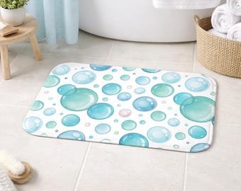 Bubble Bath Mat Blue Aqua Watercolor Bubbles Bathroom Decor Spa Style