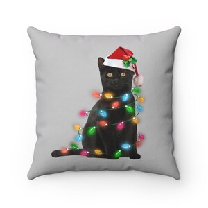Christmas Winter Black Cat with Christmas Lights Pillow, Cat Lover Pillow, Holiday Pillow, Winter Decor Pillow, Holiday Decor, Cat Lover image 4