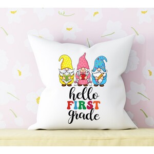 Hello First Grade Gnomes Pillow Cover: Classroom Decor Gift