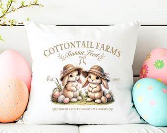 Almohada de conejito de Pascua, granjas de cola de algodón, decoración vintage de primavera