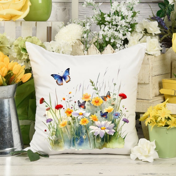 Schmetterling Wildblumen Dekokissen Aquarell Blumen Frühling Cottagecore Dekor