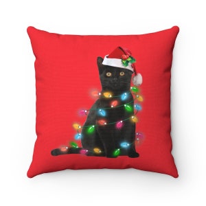 Christmas Winter Black Cat with Christmas Lights Pillow, Cat Lover Pillow, Holiday Pillow, Winter Decor Pillow, Holiday Decor, Cat Lover image 6