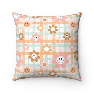 Retro Smiley Face Flower Pillow: 70&#39;s Vibes Throw Pillow