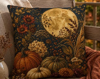 Harvest Moon Fall Throw Pillow Pumpkin Floral Vintage Tapestry Autumn Decor Botanical Dark Academia