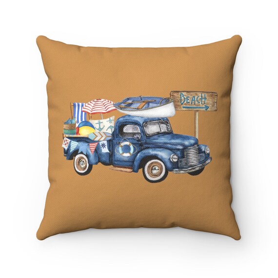 Vintage Truck Accent Pillow in White, Gray, and Navy Blue